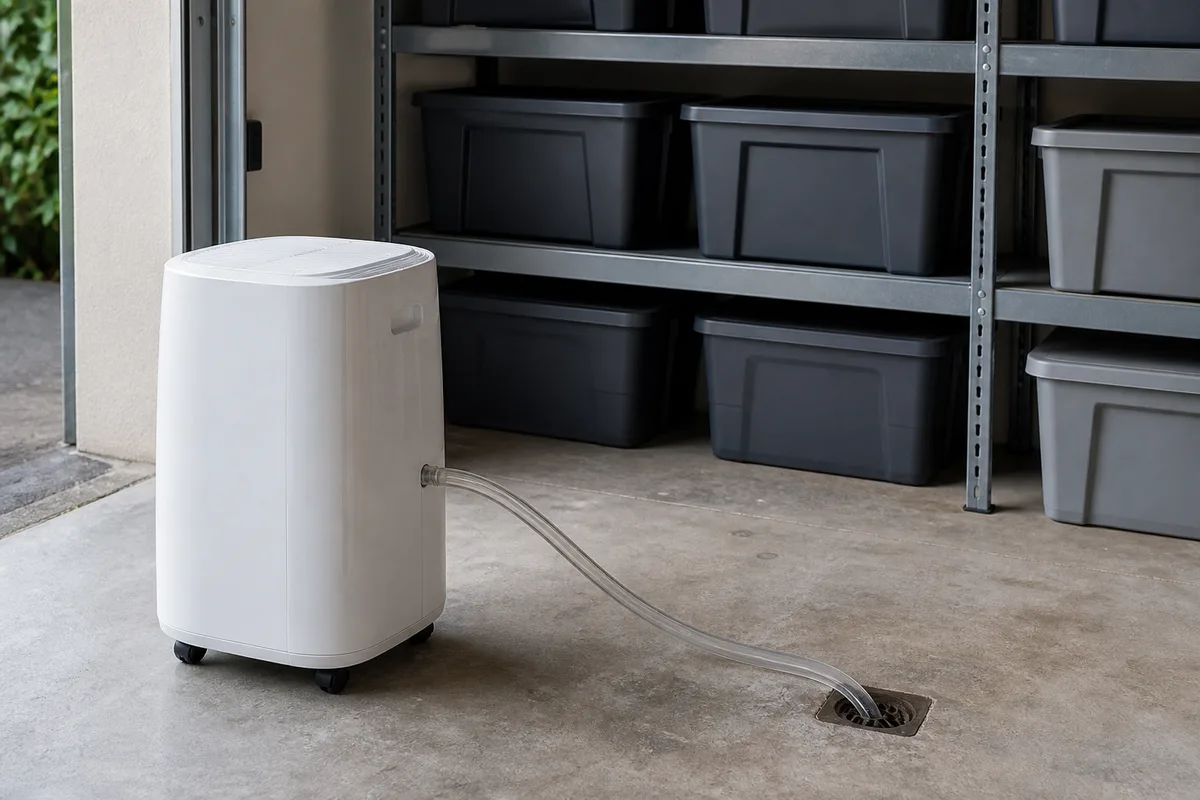 Déshumidificateur mobile posé sur la dalle d’un garage rangé, tuyau d’évacuation raccordé