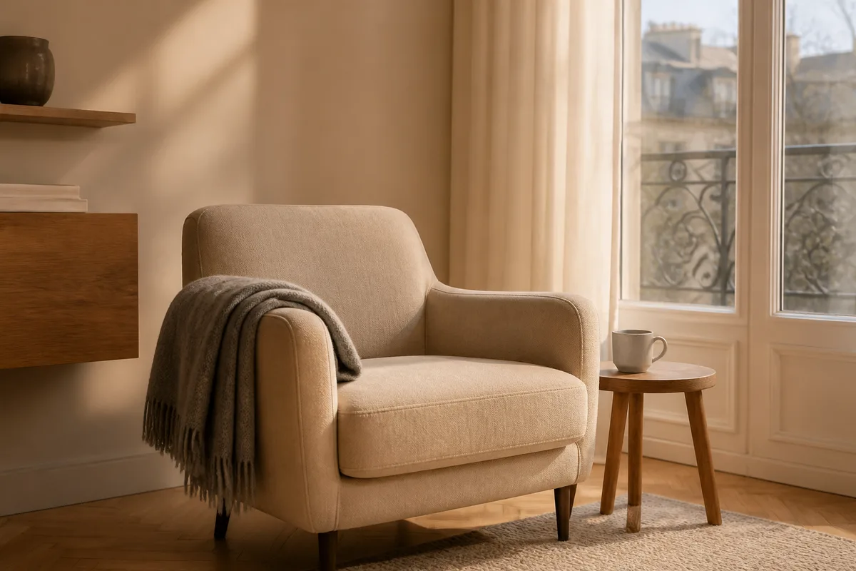 Fauteuil en tissu près d’une fenêtre, plaid replié et lumière calme de fin d’après-midi
