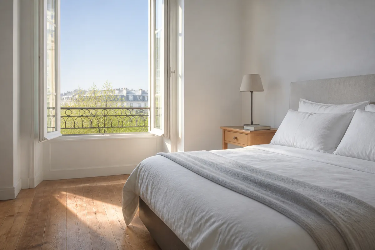Fenêtre grande ouverte sur une chambre au lit bordé, lumière douce du matin sur le parquet