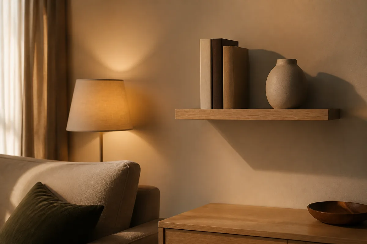 Étagère en bois clair peu chargée dans une pièce ordonnée, lampe allumée en fin de journée