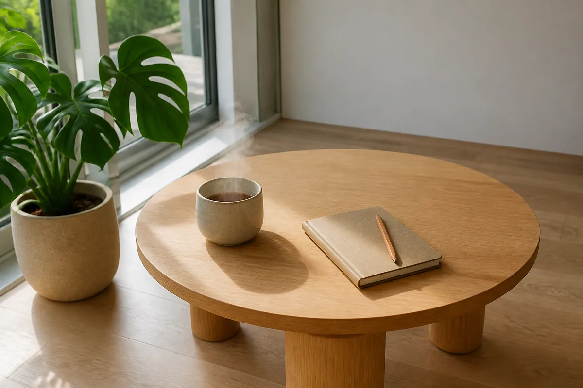 Table basse dégagée près d’une baie vitrée, plante verte et tasse fumante en lumière naturelle