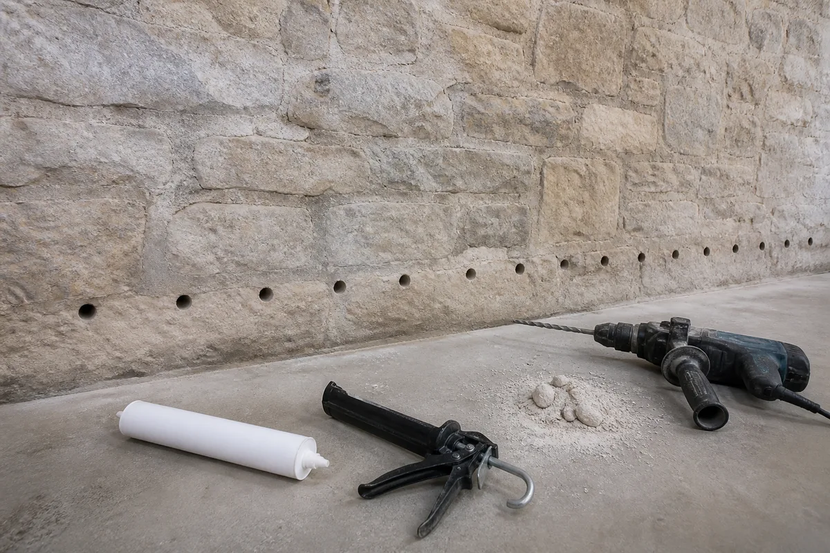 Ligne de perçages réguliers en pied de mur ancien avec cartouche d’injection posée au sol