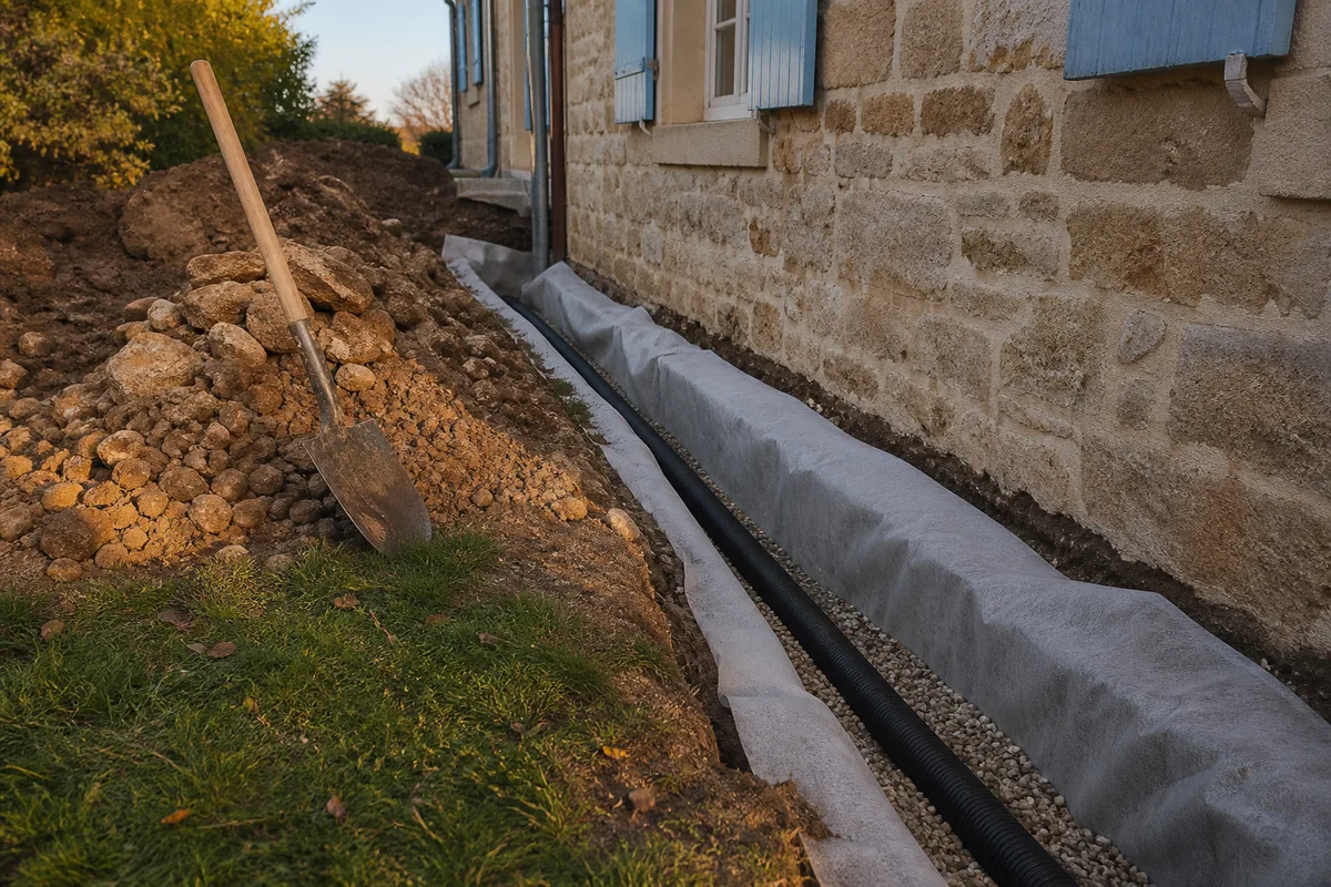 Tranchée de drainage ouverte le long d’une façade en pierre avec drain sur lit de gravier