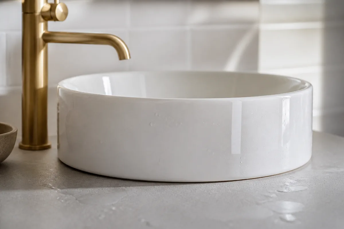 Bouche d’extraction ronde blanche au plafond d’une salle de bain carrelée claire