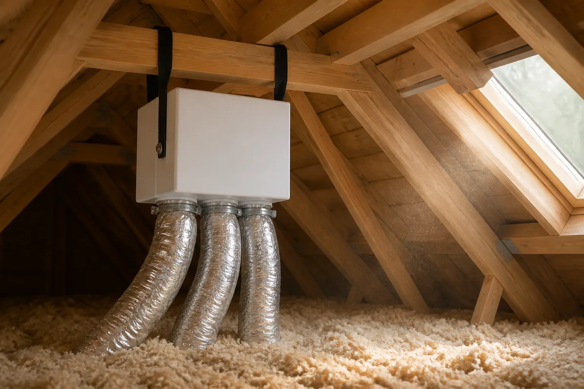 Caisson de ventilation blanc suspendu dans des combles avec gaines souples isolées
