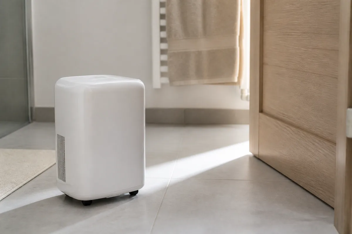 Petit déshumidificateur au carénage blanc uni posé au sol d’une salle de bain carrelée